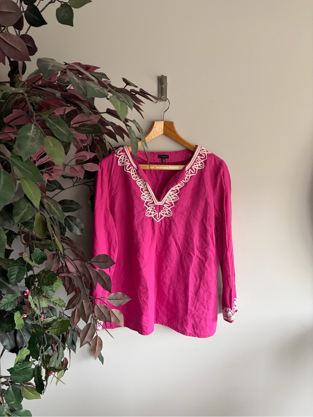 Talbots Fuchsia V-Neck Embroidered Tunic